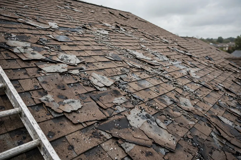 Hail-damaged asphalt shingles with granule loss — the problem