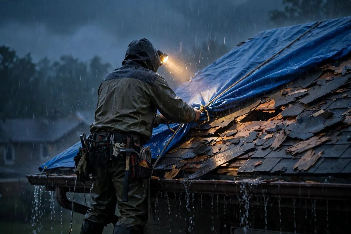 Emergency Hail Damage Roof Repair & Replacement Agate, CO — a pro securing a tarp on a storm-hit roof at dusk in the rain