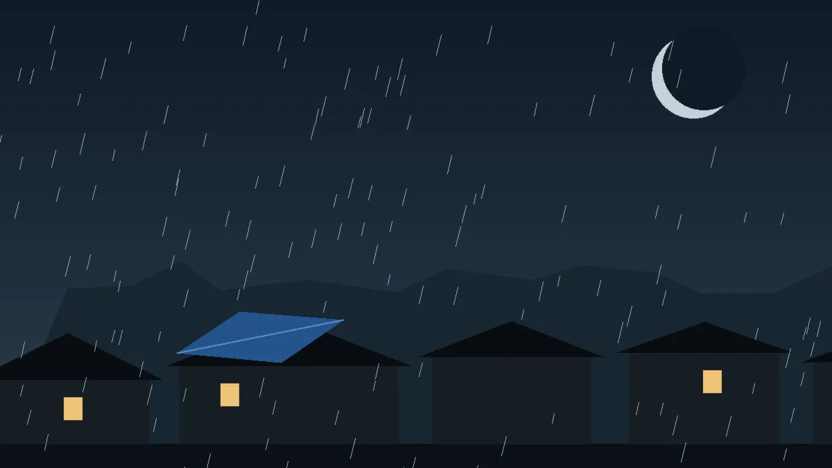 Emergency Hail Damage Roof Repair & Replacement Akron, CO — night rain on a damaged roof in Akron, Colorado