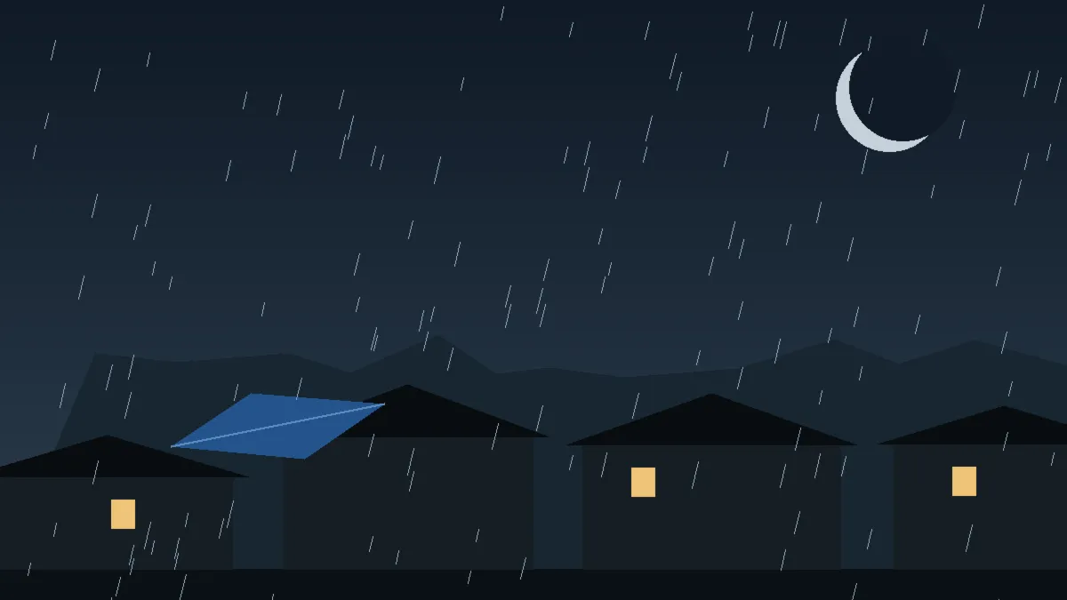 Emergency Hail Damage Roof Repair & Replacement Almont, CO — night rain on a damaged roof in Almont, Colorado