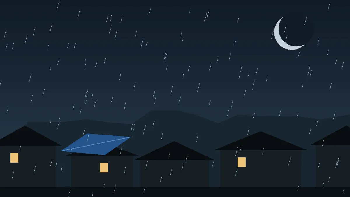 Emergency Hail Damage Roof Repair & Replacement Arvada, CO — night rain on a damaged roof in Arvada, Colorado