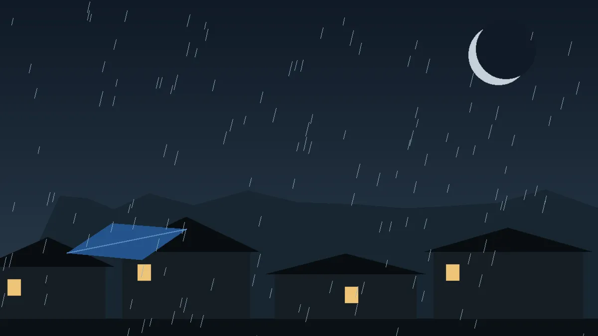 Emergency Hail Damage Roof Repair & Replacement Bedrock, CO — night rain on a damaged roof in Bedrock, Colorado