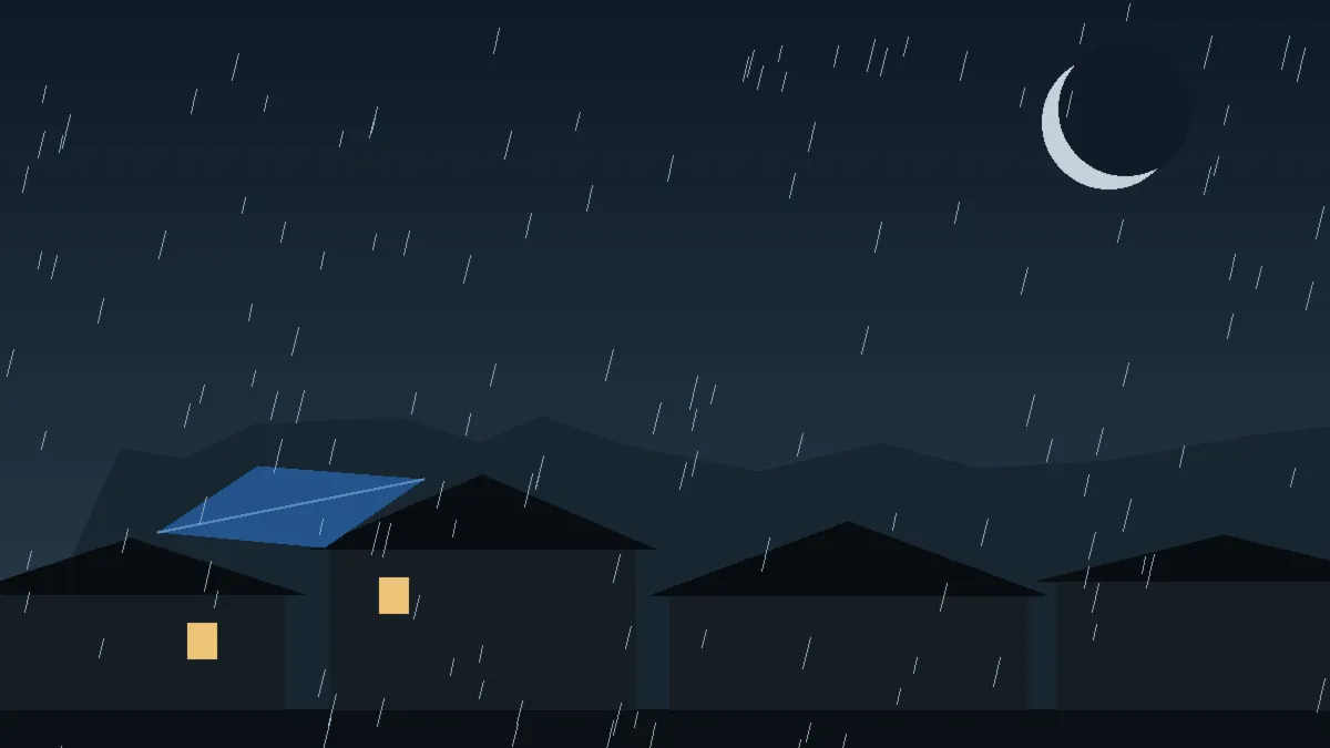 Emergency Hail Damage Roof Repair & Replacement Bellvue, CO — night rain on a damaged roof in Bellvue, Colorado