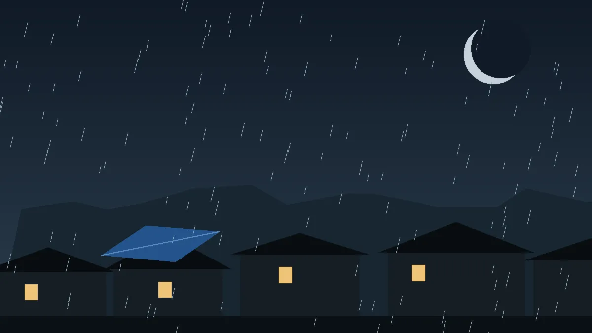 Emergency Hail Damage Roof Repair & Replacement Bennett, CO — night rain on a damaged roof in Bennett, Colorado