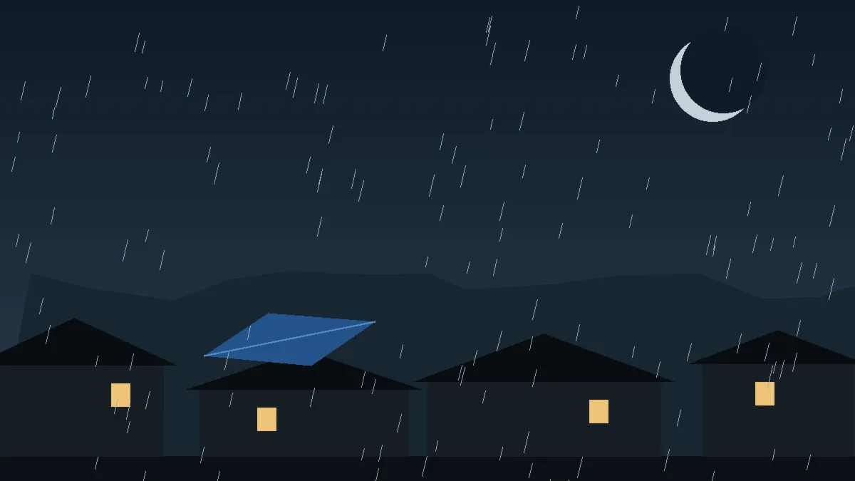 Emergency Hail Damage Roof Repair & Replacement Berthoud, CO — night rain on a damaged roof in Berthoud, Colorado