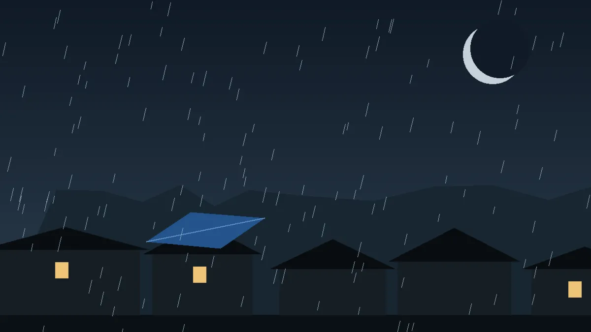 Emergency Hail Damage Roof Repair & Replacement Beulah, CO — night rain on a damaged roof in Beulah, Colorado