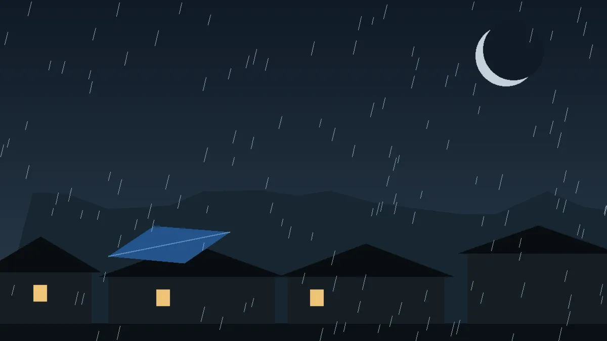 Emergency Hail Damage Roof Repair & Replacement Briggsdale, CO — night rain on a damaged roof in Briggsdale, Colorado
