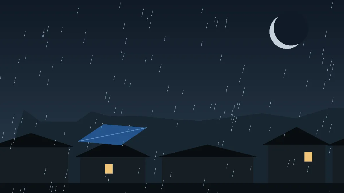 Emergency Hail Damage Roof Repair & Replacement Buena Vista, CO — night rain on a damaged roof in Buena Vista, Colorado