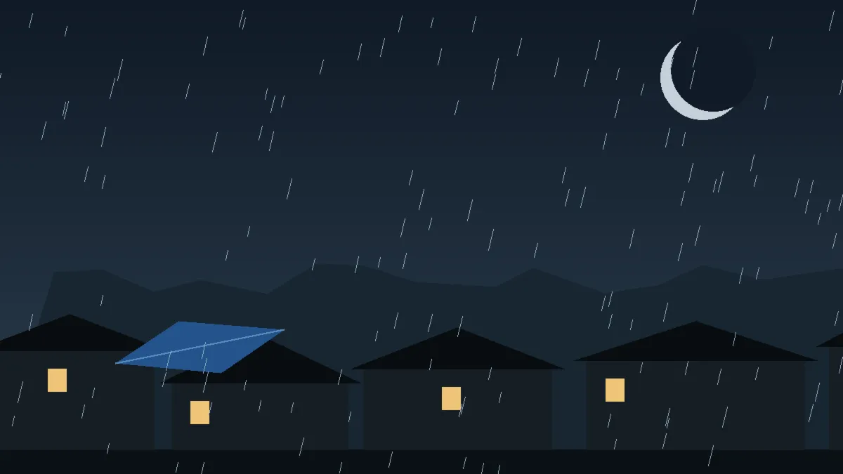 Emergency Hail Damage Roof Repair & Replacement Cedaredge, CO — night rain on a damaged roof in Cedaredge, Colorado