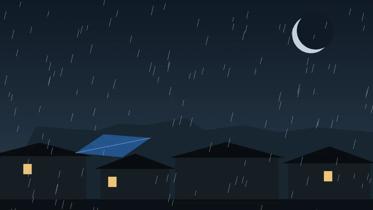 Emergency Hail Damage Roof Repair & Replacement Collbran, CO — night rain on a damaged roof in Collbran, Colorado
