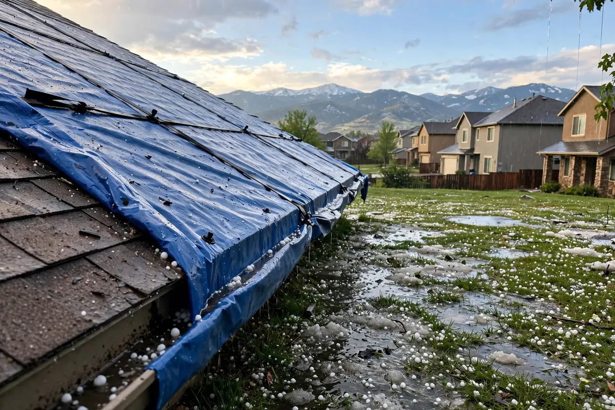Emergency Hail Damage Roof Repair & Replacement Colorado — a tarped roof under a clearing sky just after a hailstorm
