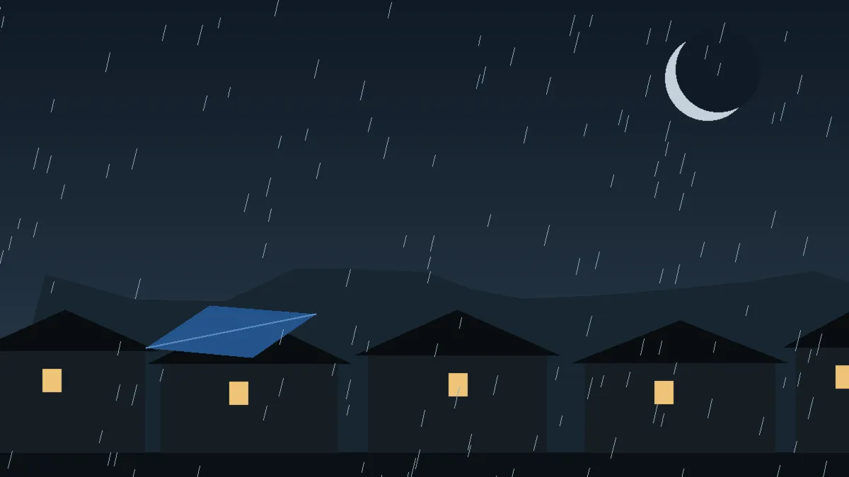 Emergency Hail Damage Roof Repair & Replacement Colorado Springs, CO — night rain on a damaged roof in Colorado Springs, Colorado