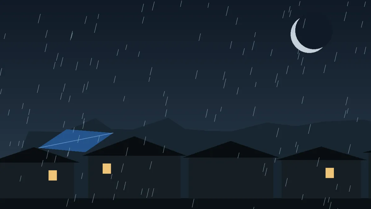Emergency Hail Damage Roof Repair & Replacement Cripple Creek, CO — night rain on a damaged roof in Cripple Creek, Colorado