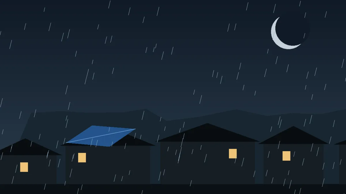 Emergency Hail Damage Roof Repair & Replacement Dupont, CO — night rain on a damaged roof in Dupont, Colorado