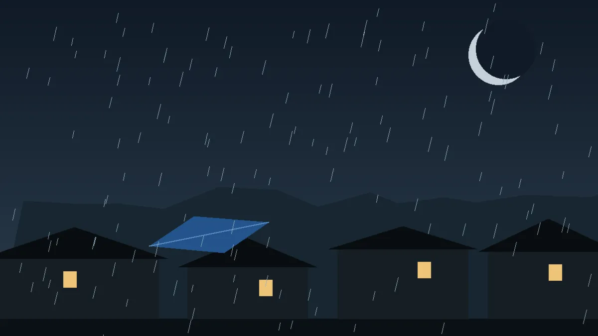 Emergency Hail Damage Roof Repair & Replacement Eaton, CO — night rain on a damaged roof in Eaton, Colorado