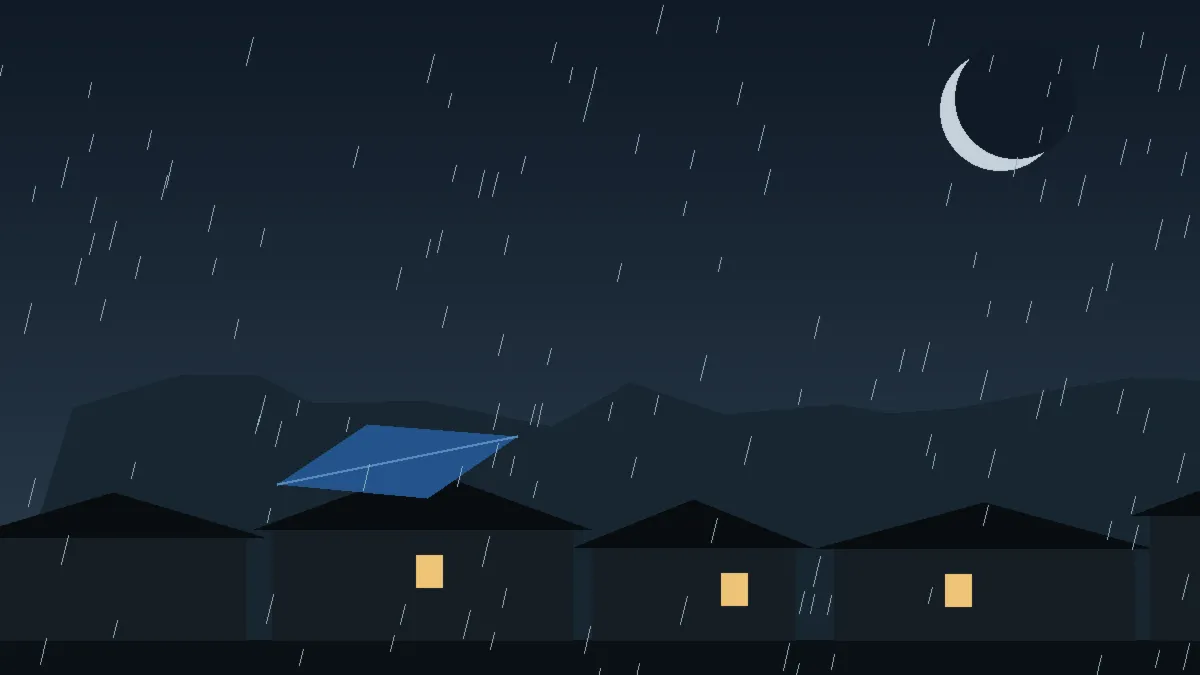 Emergency Hail Damage Roof Repair & Replacement Eckley, CO — night rain on a damaged roof in Eckley, Colorado