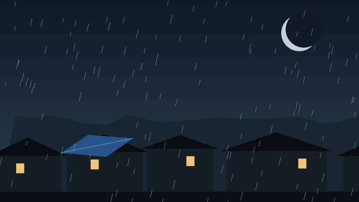 Emergency Hail Damage Roof Repair & Replacement Erie, CO — night rain on a damaged roof in Erie, Colorado
