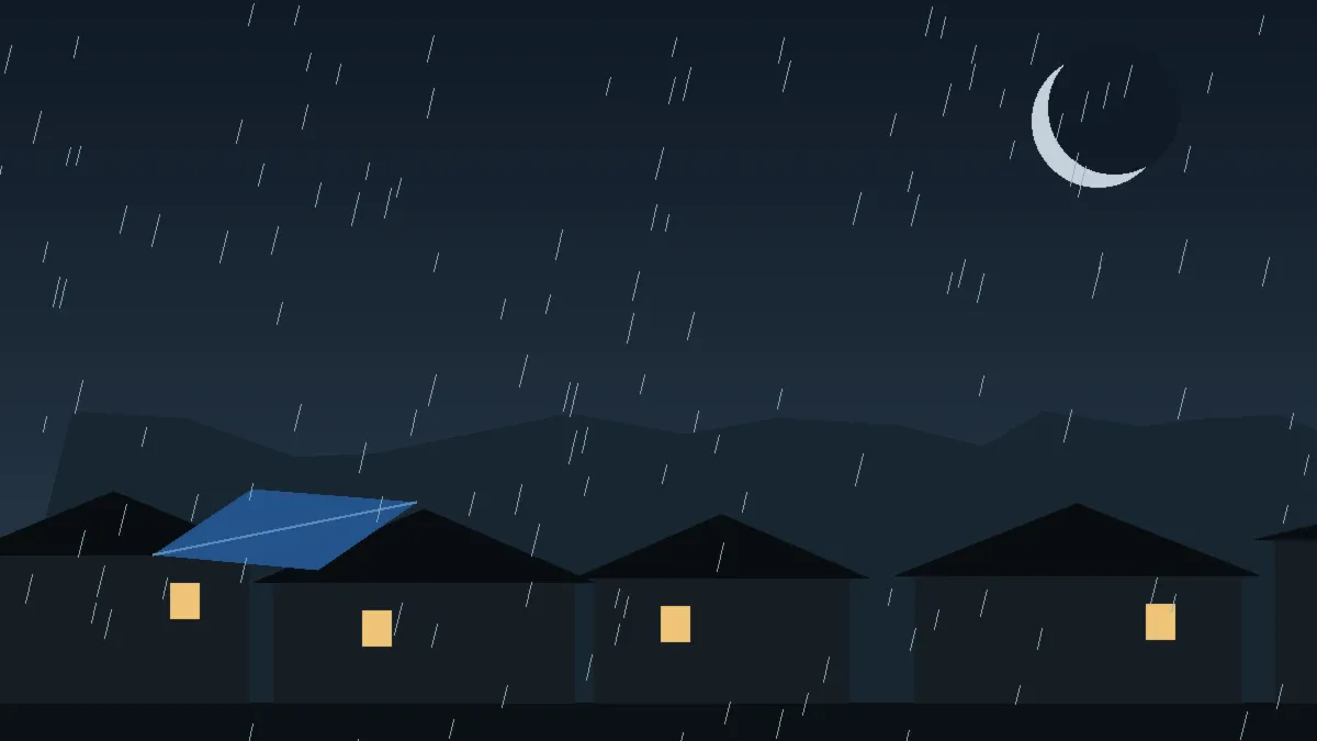 Emergency Hail Damage Roof Repair & Replacement Estes Park, CO — night rain on a damaged roof in Estes Park, Colorado