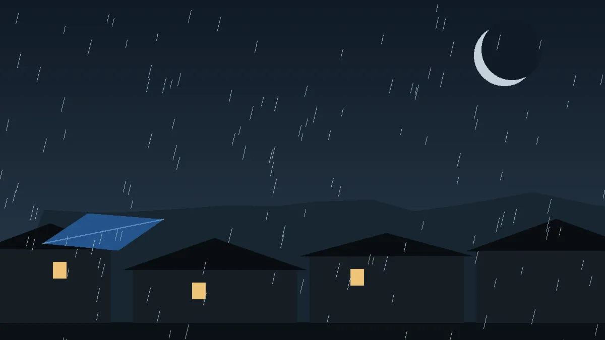 Emergency Hail Damage Roof Repair & Replacement Franktown, CO — night rain on a damaged roof in Franktown, Colorado