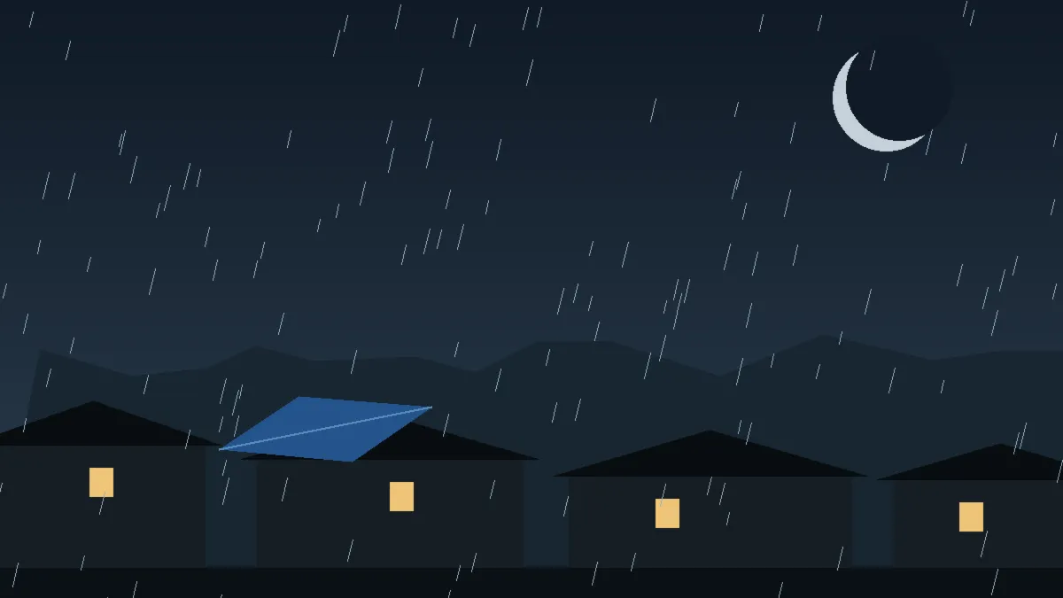 Emergency Hail Damage Roof Repair & Replacement Fruita, CO — night rain on a damaged roof in Fruita, Colorado