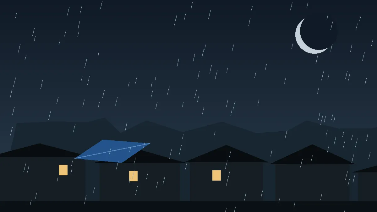 Emergency Hail Damage Roof Repair & Replacement Gateway, CO — night rain on a damaged roof in Gateway, Colorado
