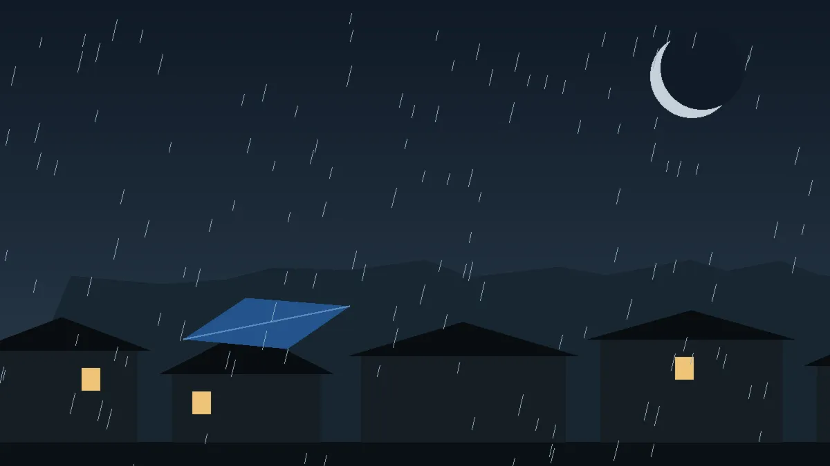 Emergency Hail Damage Roof Repair & Replacement Georgetown, CO — night rain on a damaged roof in Georgetown, Colorado