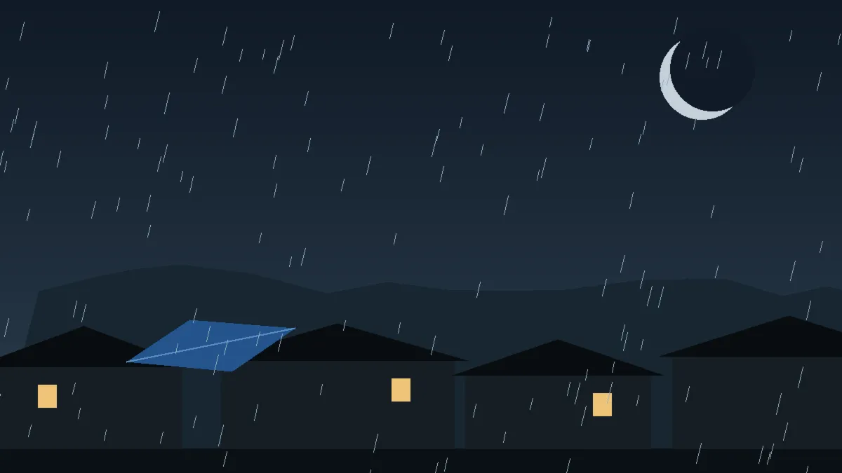 Emergency Hail Damage Roof Repair & Replacement Gilcrest, CO — night rain on a damaged roof in Gilcrest, Colorado