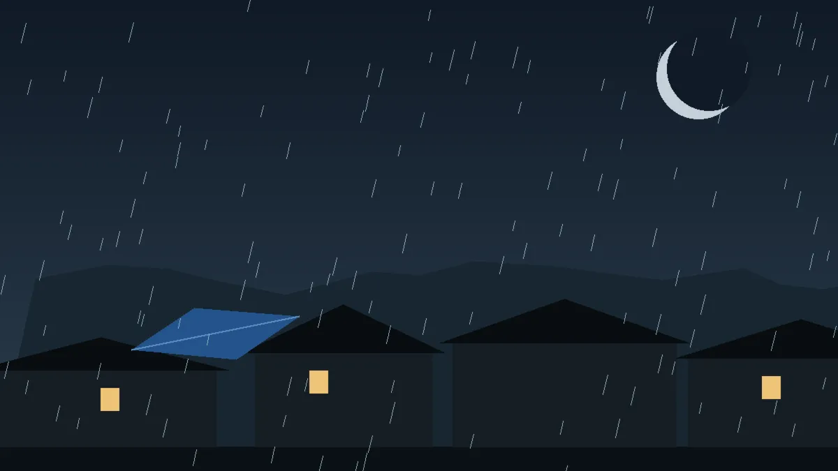 Emergency Hail Damage Roof Repair & Replacement Gill, CO — night rain on a damaged roof in Gill, Colorado