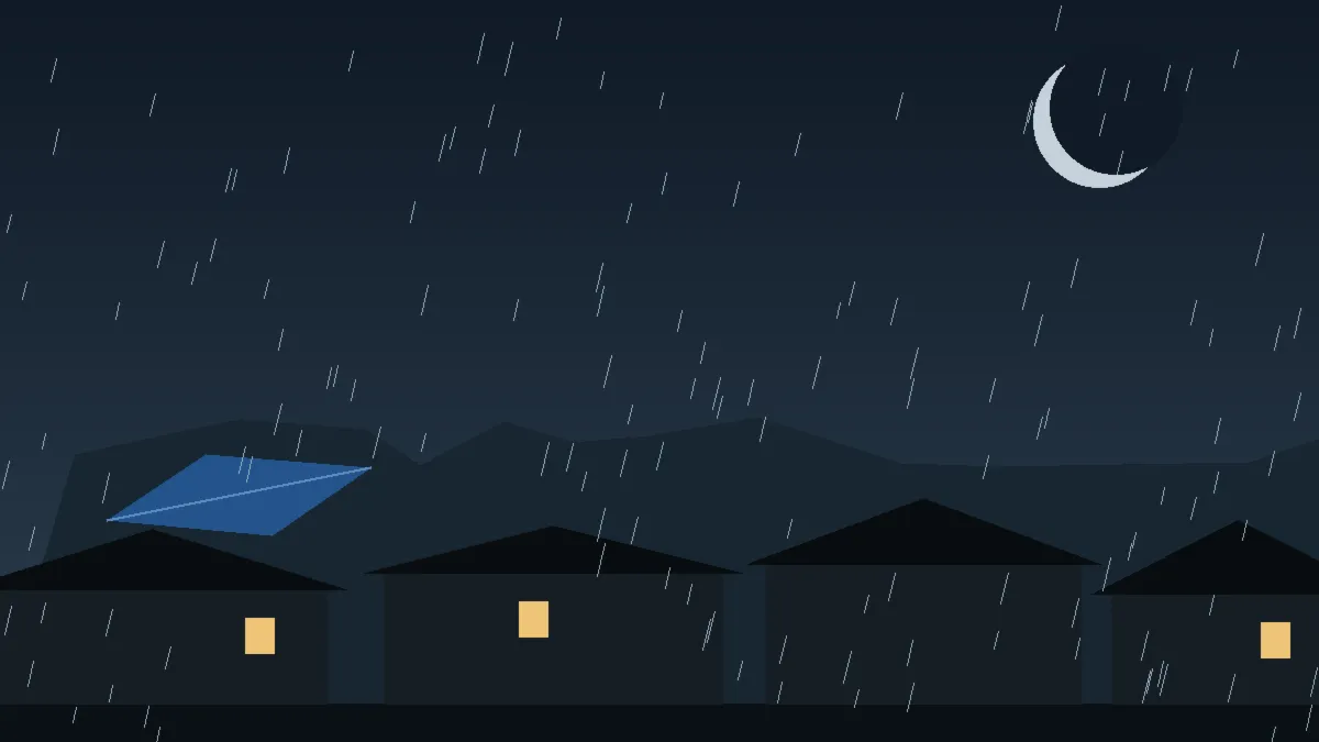 Emergency Hail Damage Roof Repair & Replacement Glade Park, CO — night rain on a damaged roof in Glade Park, Colorado