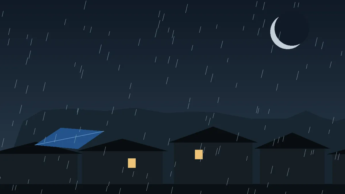 Emergency Hail Damage Roof Repair & Replacement Grand Junction, CO — night rain on a damaged roof in Grand Junction, Colorado
