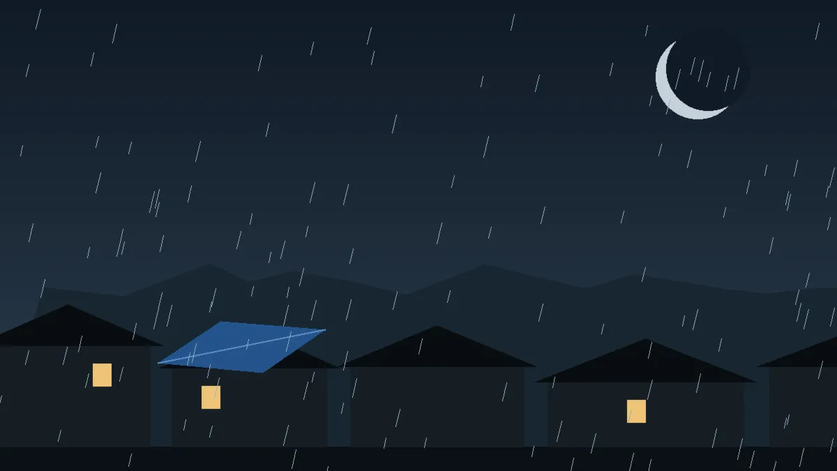Emergency Hail Damage Roof Repair & Replacement Grand Lake, CO — night rain on a damaged roof in Grand Lake, Colorado