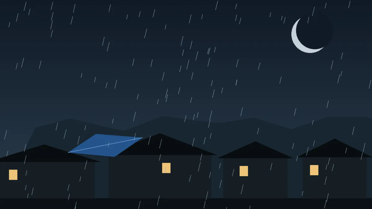 Emergency Hail Damage Roof Repair & Replacement Hot Sulphur Springs, CO — night rain on a damaged roof in Hot Sulphur Springs, Colorado