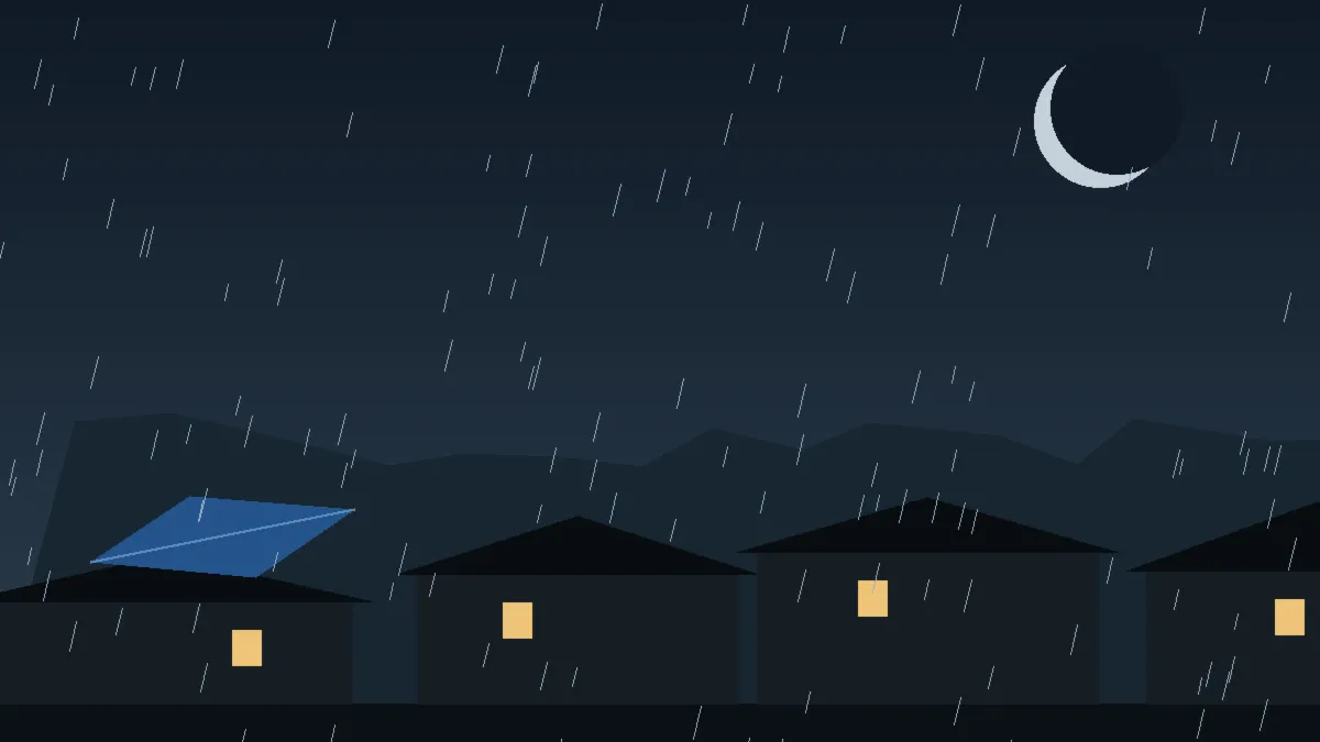Emergency Hail Damage Roof Repair & Replacement Idledale, CO — night rain on a damaged roof in Idledale, Colorado