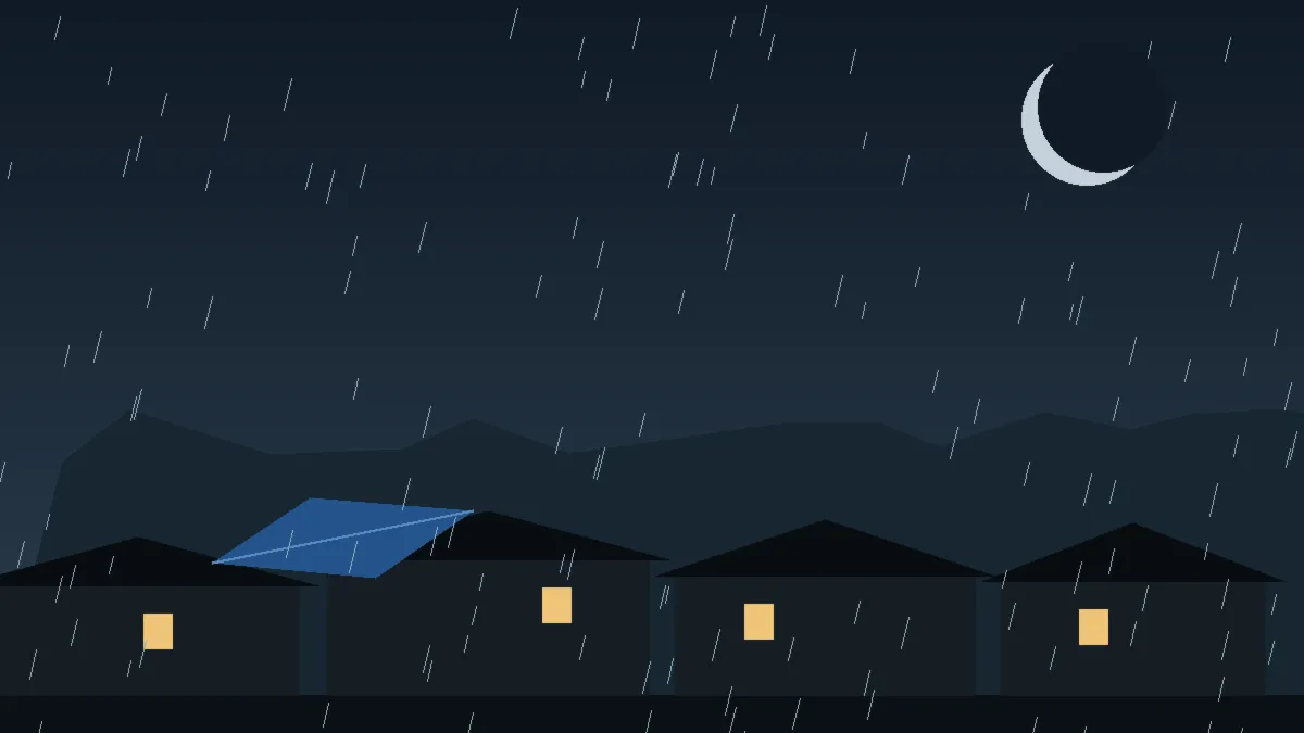 Emergency Hail Damage Roof Repair & Replacement Lafayette, CO — night rain on a damaged roof in Lafayette, Colorado