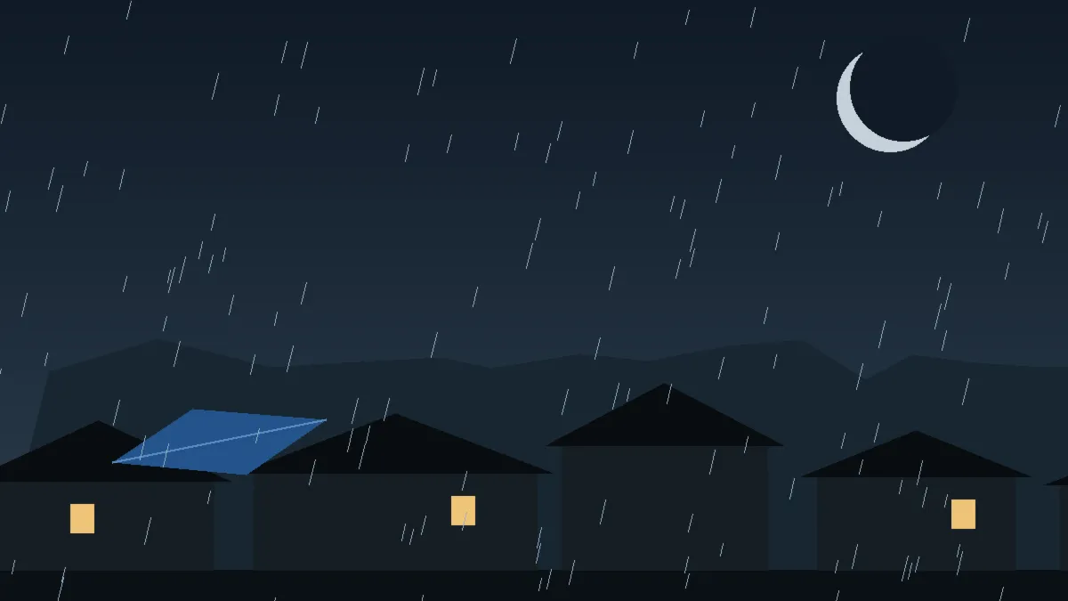 Emergency Hail Damage Roof Repair & Replacement Lake George, CO — night rain on a damaged roof in Lake George, Colorado