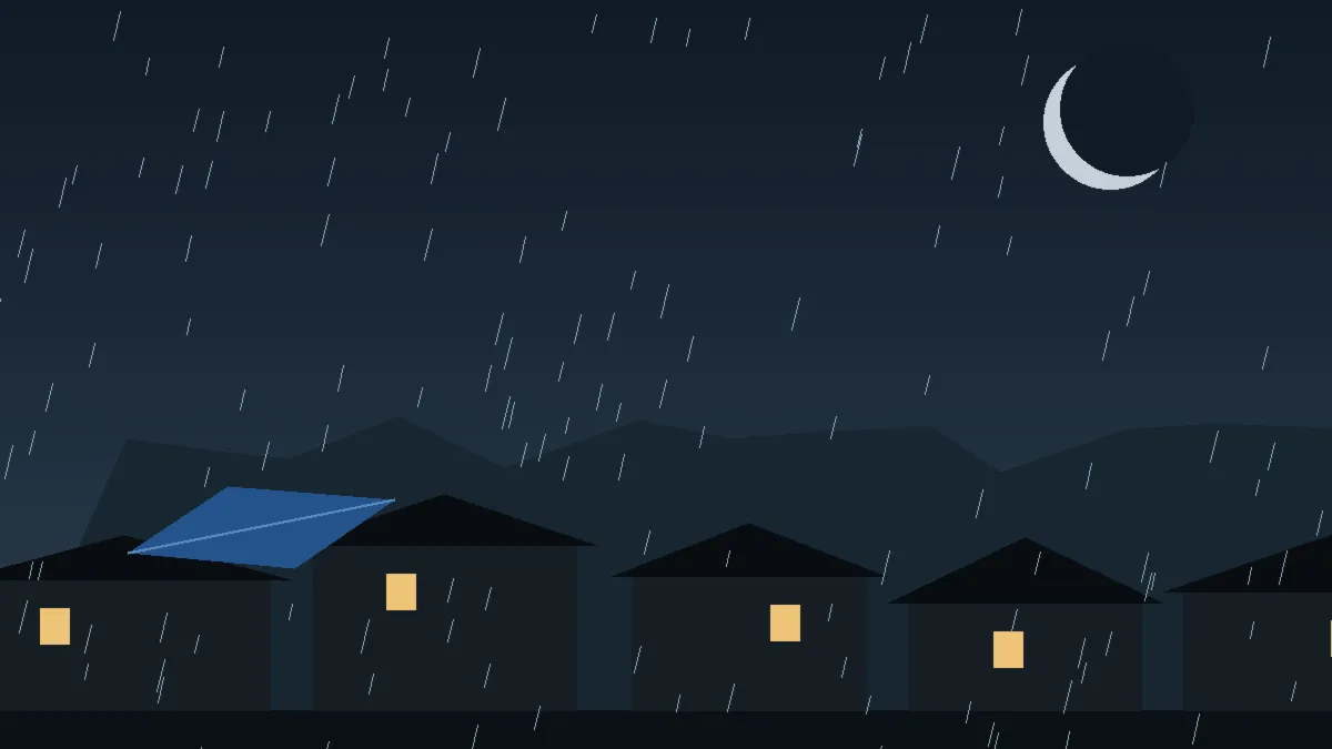 Emergency Hail Damage Roof Repair & Replacement Laporte, CO — night rain on a damaged roof in Laporte, Colorado