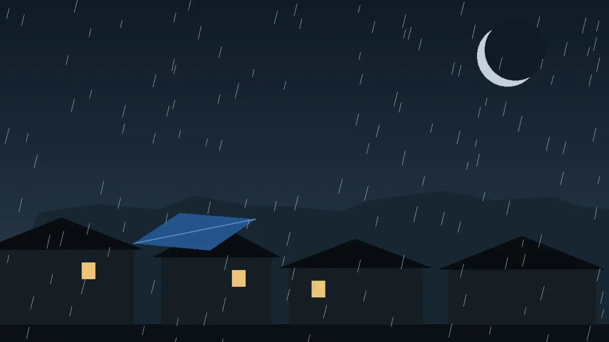 Emergency Hail Damage Roof Repair & Replacement Livermore, CO — night rain on a damaged roof in Livermore, Colorado