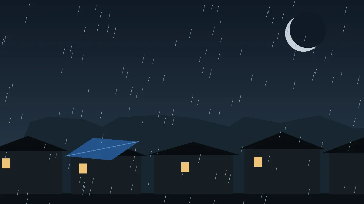 Emergency Hail Damage Roof Repair & Replacement Lyons, CO — night rain on a damaged roof in Lyons, Colorado