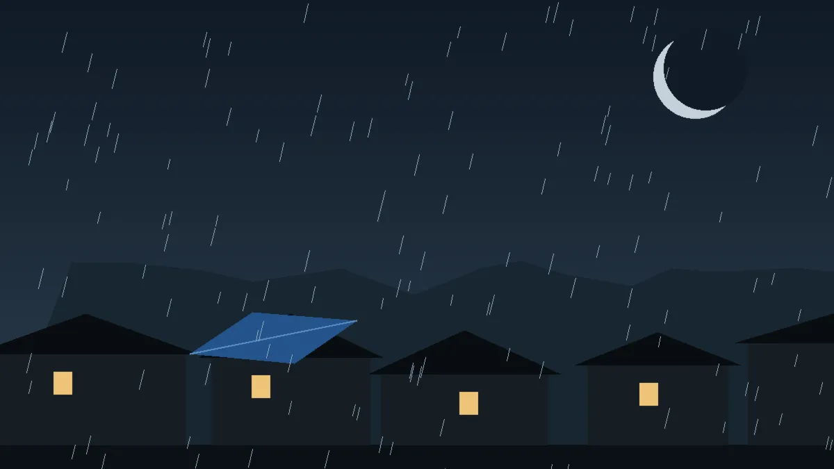 Emergency Hail Damage Roof Repair & Replacement Mc Coy, CO — night rain on a damaged roof in Mc Coy, Colorado