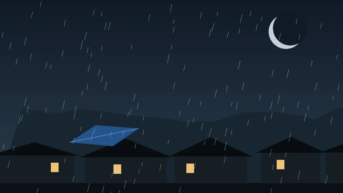 Emergency Hail Damage Roof Repair & Replacement Mesa, CO — night rain on a damaged roof in Mesa, Colorado