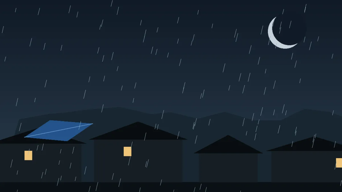 Emergency Hail Damage Roof Repair & Replacement Nederland, CO — night rain on a damaged roof in Nederland, Colorado