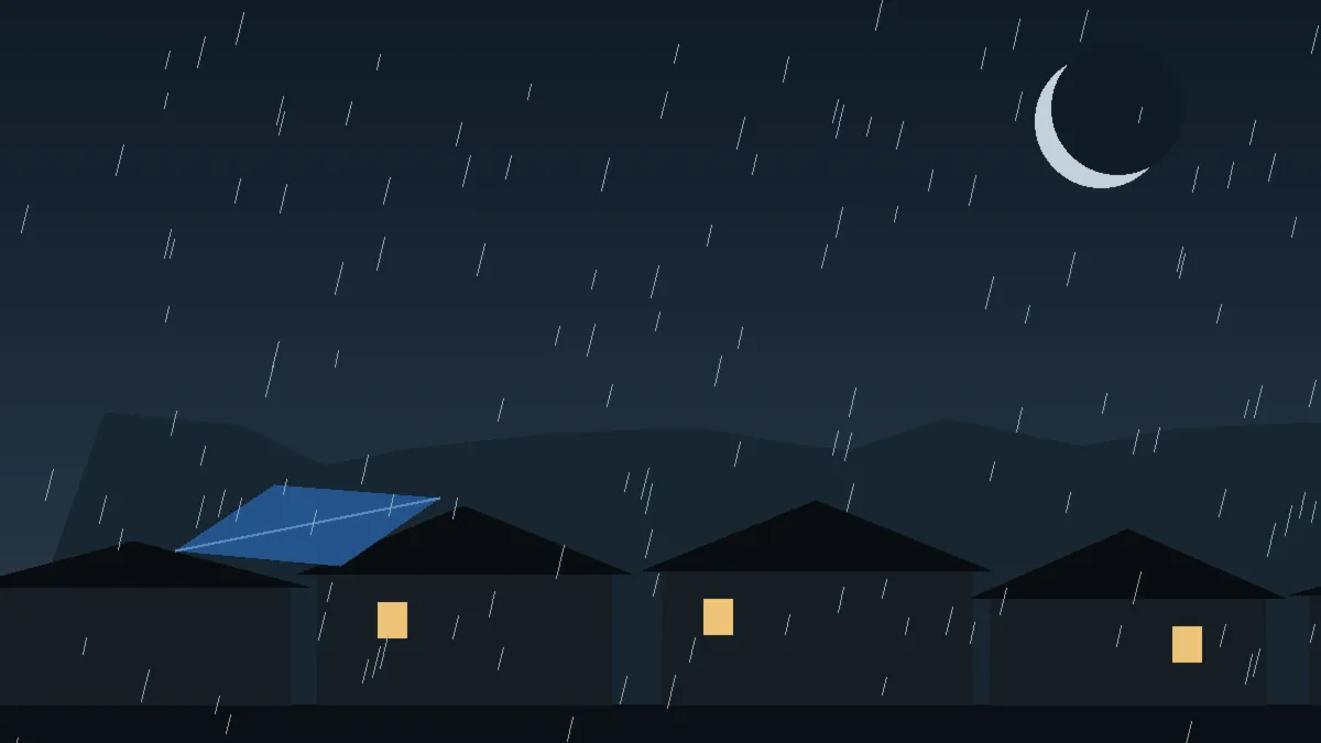 Emergency Hail Damage Roof Repair & Replacement New Raymer, CO — night rain on a damaged roof in New Raymer, Colorado