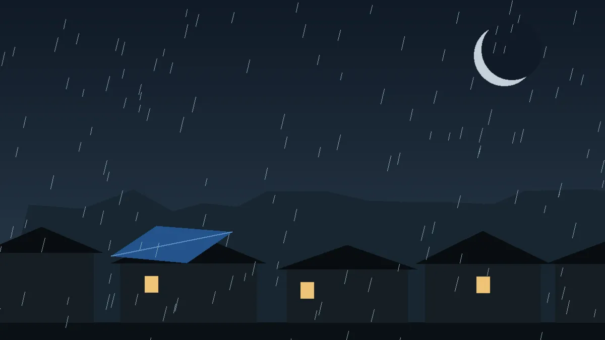 Emergency Hail Damage Roof Repair & Replacement Niwot, CO — night rain on a damaged roof in Niwot, Colorado