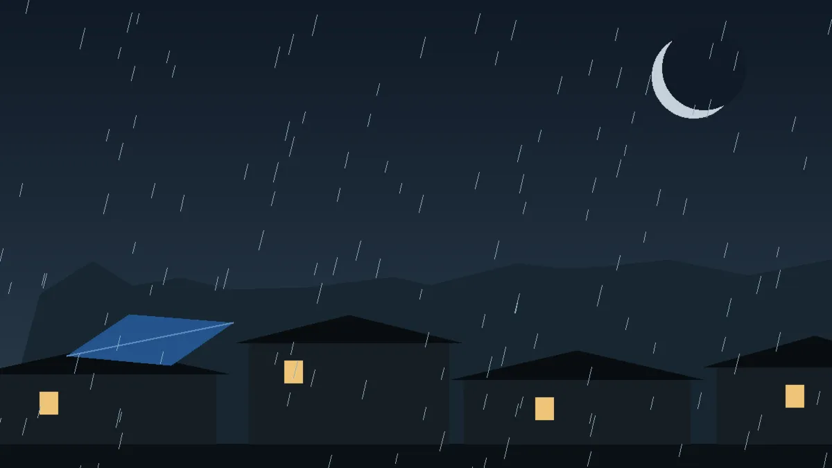 Emergency Hail Damage Roof Repair & Replacement Olathe, CO — night rain on a damaged roof in Olathe, Colorado
