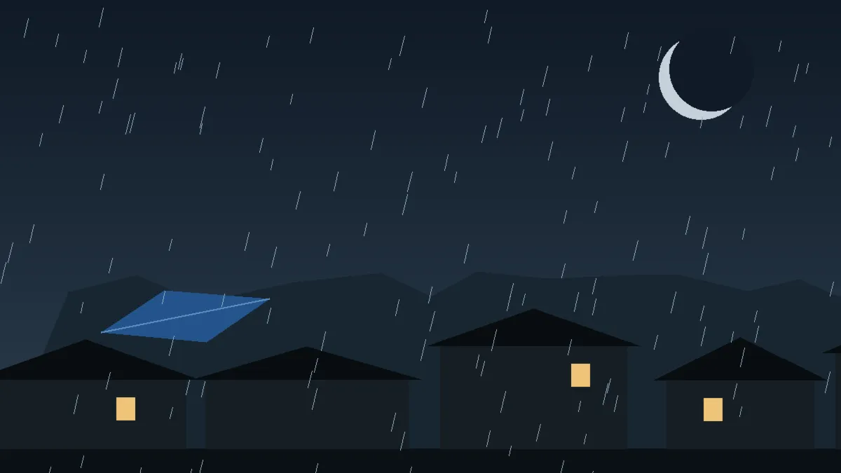 Emergency Hail Damage Roof Repair & Replacement Palmer Lake, CO — night rain on a damaged roof in Palmer Lake, Colorado