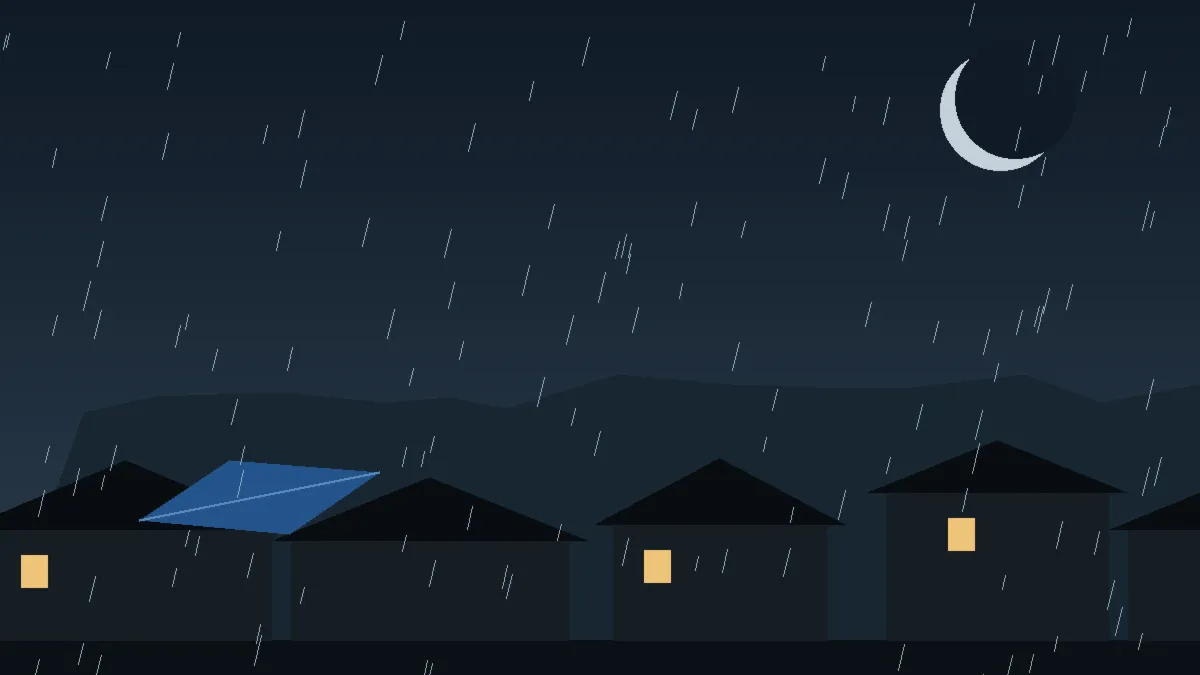 Emergency Hail Damage Roof Repair & Replacement Paonia, CO — night rain on a damaged roof in Paonia, Colorado
