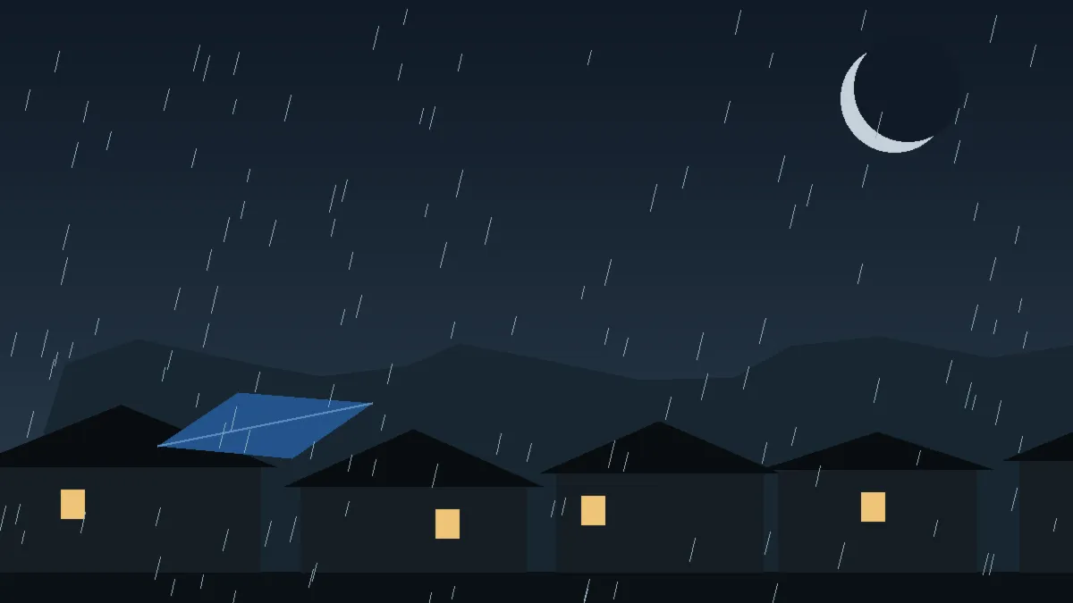 Emergency Hail Damage Roof Repair & Replacement Rocky Ford, CO — night rain on a damaged roof in Rocky Ford, Colorado