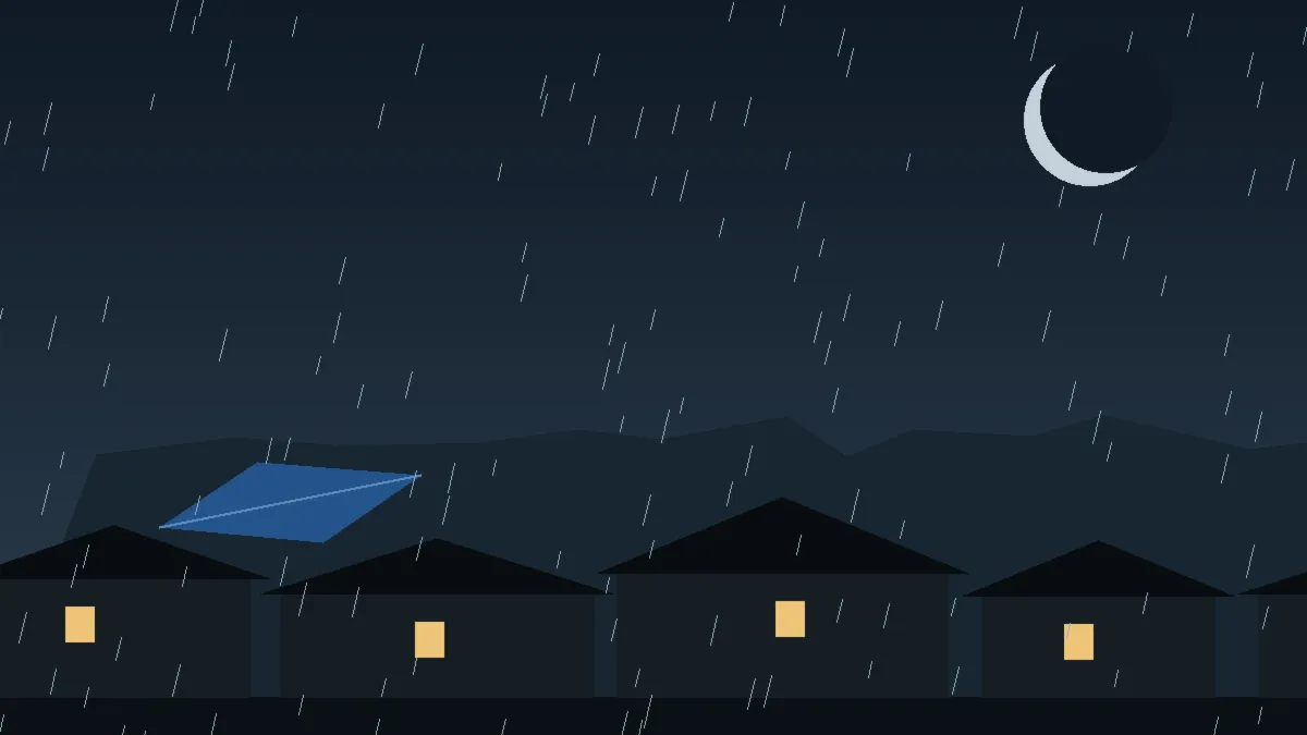 Emergency Hail Damage Roof Repair & Replacement Rush, CO — night rain on a damaged roof in Rush, Colorado
