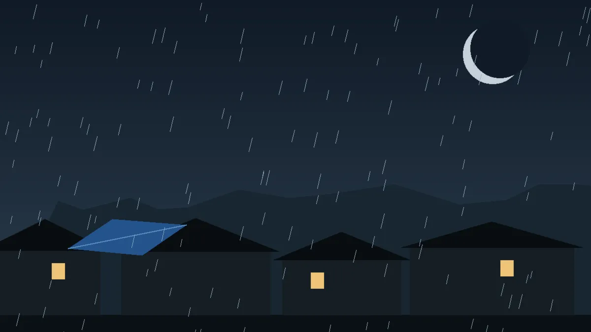 Emergency Hail Damage Roof Repair & Replacement Rye, CO — night rain on a damaged roof in Rye, Colorado