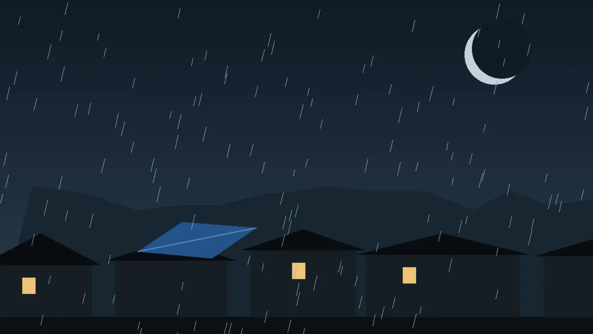 Emergency Hail Damage Roof Repair & Replacement Sedalia, CO — night rain on a damaged roof in Sedalia, Colorado